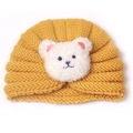 Infant ginger yellow knitted turban hat with cute white plush bear patch for winter - Yellow