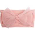Close-up of pink nylon baby headband showing soft mesh bow detail and knit texture - Pink