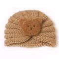 Cute baby winter knit hat with 3D plush bear detail in earthy light brown color - Coffee