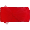 Detail of vibrant red nylon mesh bow headband for babies with elastic wide band design - Red