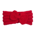 Close-up of red knitted baby headband with large bow detail and ribbed texture for winter - Red