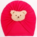 Rose red baby turban hat with a khaki plush bear patch for infants and toddlers - Rose Red