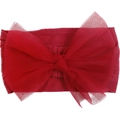 Detailed close-up of a baby red headband with a large soft tulle mesh bow design - Burgundy