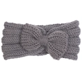 Detailed view of dark grey thick knitted headband featuring a ribbed bow design - Gray