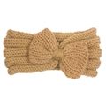 Detailed view of warm yellow knitted baby headband featuring a large bow and ribbed texture - Coffee