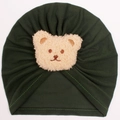 Dark green knitted baby beanie featuring a cute beige plush bear patch and turban pleats - Dark Green