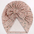 Infant ribbed turban hat in dusty rose pink with white daisy print and large bow knot - Dusty Rose Daisy Pattern (H)