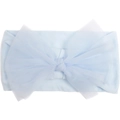 Detail view of light blue baby nylon headband with large mesh bow on white background - Blue