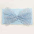 Detail view of light blue baby headband with glittery mesh bow and soft nylon fabric - Blue