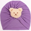 Infant purple turban hat with a plush teddy bear face decor for autumn warmth - Purple