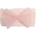 Detail of baby headband featuring a large soft pink layered tulle mesh bow and elastic band - Light Pink