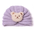 Purple knitted baby beanie with a cute plush bear patch for autumn and winter warmth - Purple