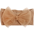 Detail of baby elastic nylon headband with a large mesh bow in khaki on white background - Light Coffee