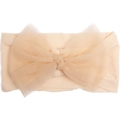 Detailed view of cream nylon headband with large mesh bow for infants and toddlers - Nude Pink