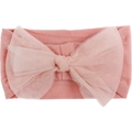 Close-up of light pink infant headband with a large layered mesh bow and soft fabric texture - Dark Mauve