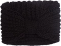 Detail of black ribbed knit baby headband featuring a knotted bow design for winter - Black