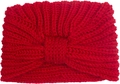 Detail view of bright red chunky knit baby headband with decorative central knot - Red
