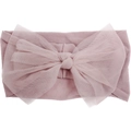 Close-up of soft pink baby headband featuring a large layered nylon mesh bow detail - Taro Purple