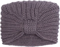 Close-up of mauve ribbed knit headband with knot detail and soft texture on white back - Gray
