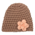 Detalle del gorro de punto para bebé con aplique floral y textura de lana suave de invierno - Café