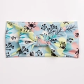 Close-up of baby floral bow headband with soft ribbed fabric and pastel print - Light Blue with Pink and Yellow Floral Style (B)