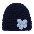 Detalle del tejido de punto de un gorro azul oscuro para bebé con una flor azul - Azul Marino