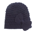 Macro detail of the chunky knit texture and large bow on this navy baby beanie - Navy Blue
