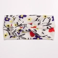 Detail of floral printed baby headband featuring soft ribbed fabric and a cute bow tie - White with Colorful Mixed Floral Style (F)