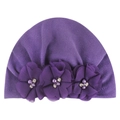 Close-up of soft purple baby turban hat with three chiffon flowers and pearl accents - Purple