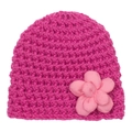 Detailed macro view of the rose pink knit baby hat featuring a soft satin flower accent - Rose Red
