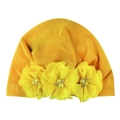 Detail of yellow baby hat with three chiffon flowers decorated with pearls and rhinestones - Earthy Yellow