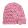 Detail of baby pink knit beanie featuring a large matching bow on a clean white background - Pink
