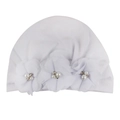 Detail of white baby beanie featuring handmade chiffon flowers with pearls and rhinestones - White