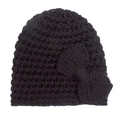 Detail of black knit baby beanie with large bow accent and textured ribbing finish - Black