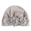 Soft cotton baby turban hat featuring elegant chiffon flowers and white pearl accents - Gray