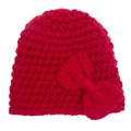 Detail view of red hand-knitted baby hat featuring a large soft bow and thick texture - Red