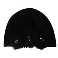 Close-up of black baby turban hat featuring elegant chiffon flowers and golden rhinestone beads - Black
