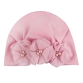 Pink baby turban hat with chiffon flowers, faux pearls and rhinestones for infants - Pink