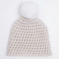 Beige chunky knit baby winter hat with a soft white faux fur pompom and ribbed texture - Off-white