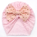 Pink hollow knit baby turban hat with gold polka dot bow accessory for girls - Pink