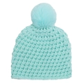 Thick knit baby beanie in light blue with a large decorative faux fur pom-pom topper - Mint Green