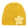 Winter yellow hand-knit crochet baby beanie with a large floral decoration for infants - Yellow