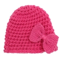 Detailed knit texture and oversized bow on a hot pink crochet baby beanie hat - Rose Red