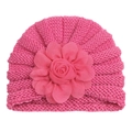 Thick knitted baby flower beanie in dark pink with large layered floral detail - Rose Red