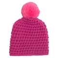 Pink knitted baby winter beanie with vibrant faux fur pompom for warm girls fashion - Rose Red