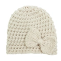 Close-up of baby knit beanie with large crochet bow in soft cream white yarn - Beige