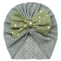 Olive green hollow cotton baby turban hat with a large gold polka dot bow - Light Green