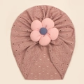 Detail of baby striped beanie with hollow texture and large 3D floral decoration - Taro Purple