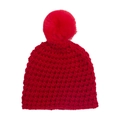 Red thick knitted baby winter hat with a large matching faux fur pom-pom on top - Red