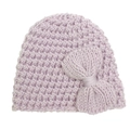 Detail of lavender crochet knit baby beanie with a large decorative soft bow accent - Purple